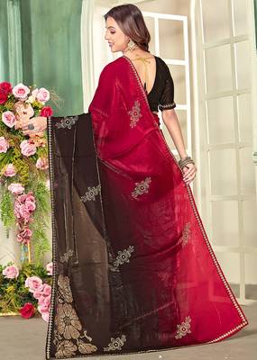 indian magenta zarkan handwork satin silk blend saree 2