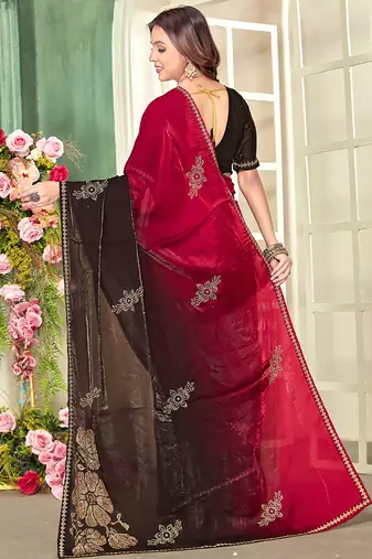 indian magenta zarkan handwork satin silk blend saree