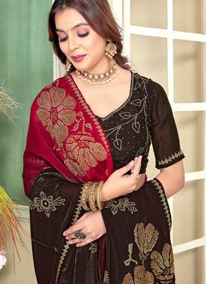 indian magenta zarkan handwork satin silk blend saree 3