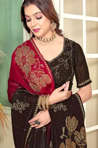 indian magenta zarkan handwork satin silk blend saree