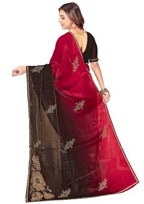 indian magenta zarkan handwork satin silk blend saree 4