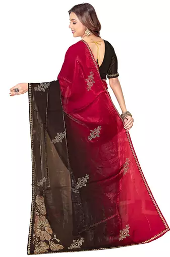 indian magenta zarkan handwork satin silk blend saree