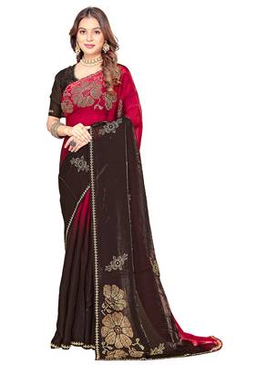 indian magenta zarkan handwork satin silk blend saree 5
