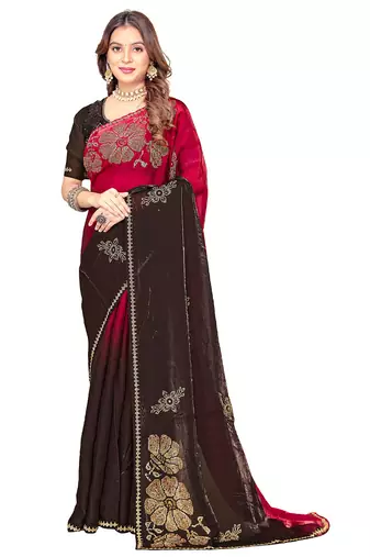 indian magenta zarkan handwork satin silk blend saree