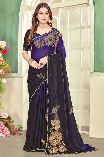 indian purple zarkan handwork satin silk blend saree