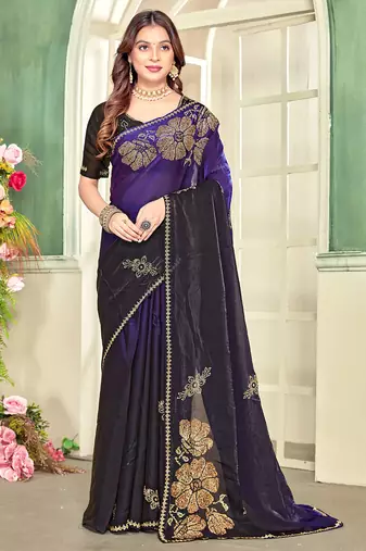 indian purple zarkan handwork satin silk blend saree