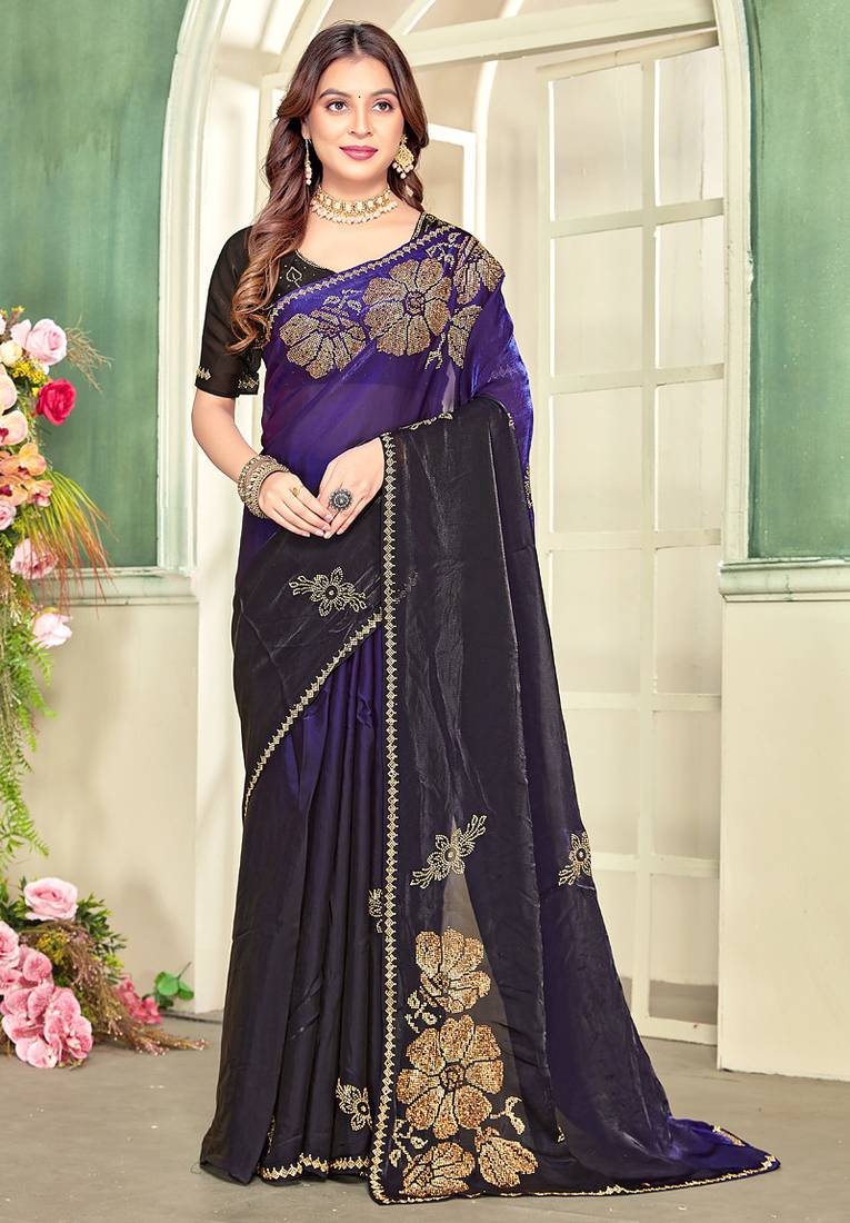 indian purple zarkan handwork satin silk blend saree