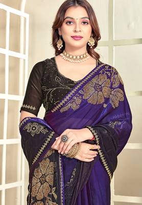 indian purple zarkan handwork satin silk blend saree 3
