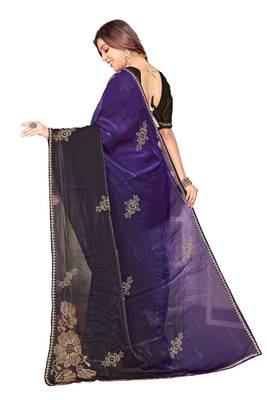 indian purple zarkan handwork satin silk blend saree 4