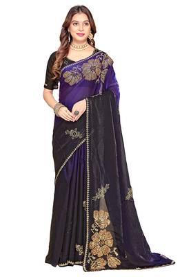 indian purple zarkan handwork satin silk blend saree 5