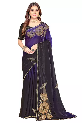 indian purple zarkan handwork satin silk blend saree