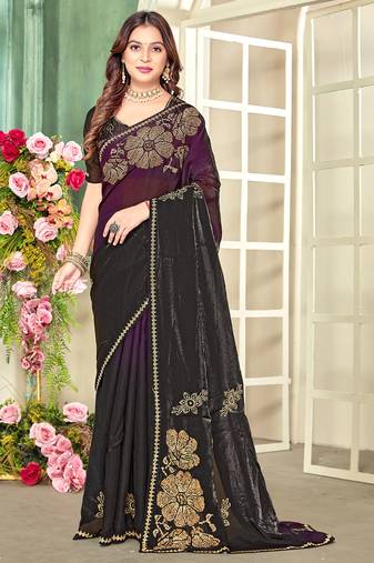 indian wine zarkan handwork satin silk blend saree