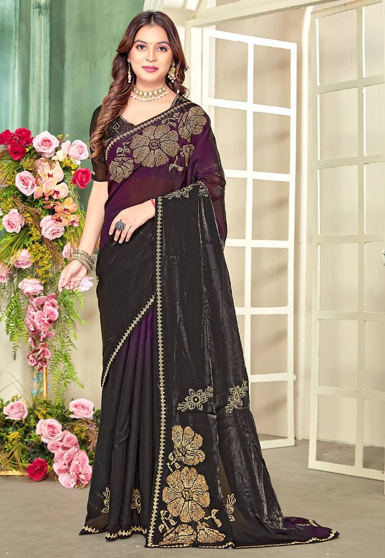 indian wine zarkan handwork satin silk blend saree