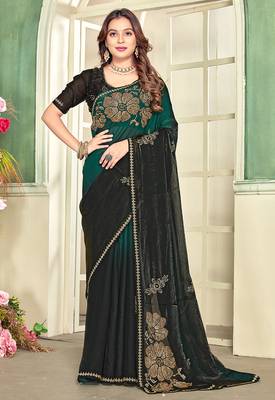indian green zarkan handwork satin silk blend saree 1