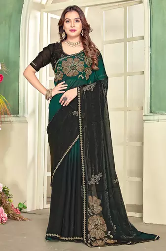 indian green zarkan handwork satin silk blend saree