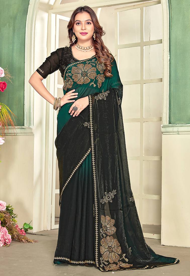 indian green zarkan handwork satin silk blend saree