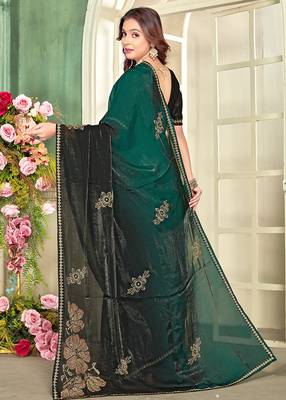 indian green zarkan handwork satin silk blend saree 2
