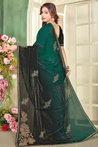 indian green zarkan handwork satin silk blend saree