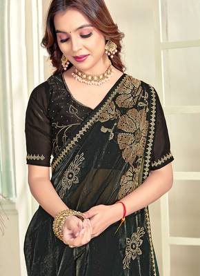 indian green zarkan handwork satin silk blend saree 3