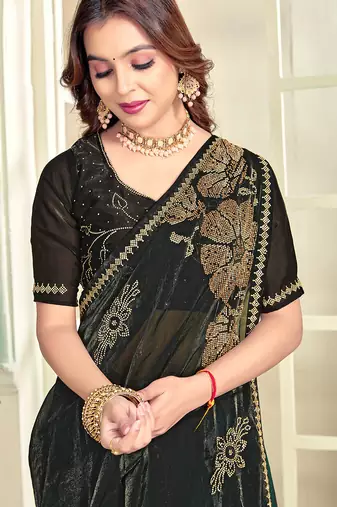 indian green zarkan handwork satin silk blend saree