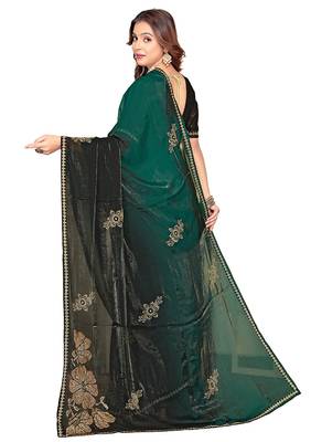 indian green zarkan handwork satin silk blend saree 4