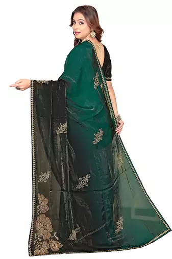 indian green zarkan handwork satin silk blend saree