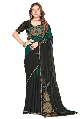 indian green zarkan handwork satin silk blend saree 5