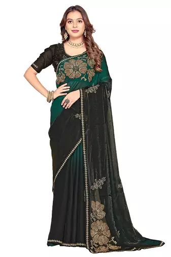 indian green zarkan handwork satin silk blend saree
