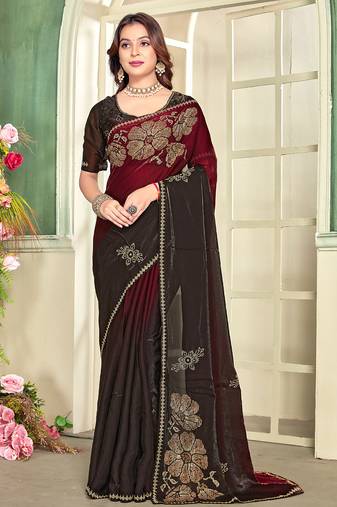 indian maroon zarkan handwork satin silk blend saree
