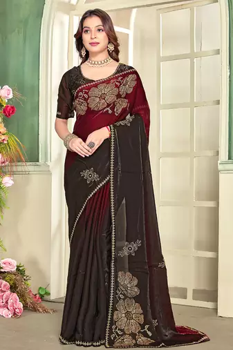 indian maroon zarkan handwork satin silk blend saree