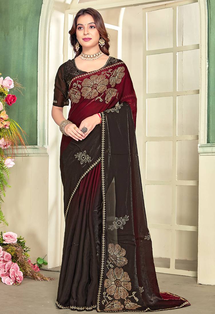 indian maroon zarkan handwork satin silk blend saree