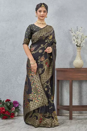 designer black zari weaving tassel pallu work silk blend saree