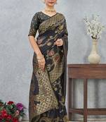 designer black zari weaving tassel pallu work silk blend saree