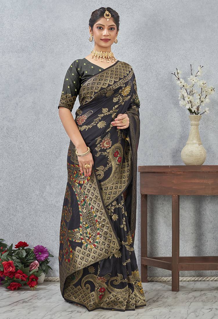 designer black zari weaving tassel pallu work silk blend saree