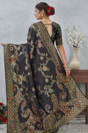 designer black zari weaving tassel pallu work silk blend saree