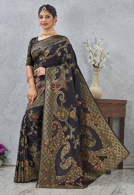 designer black zari weaving tassel pallu work silk blend saree 3