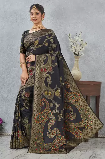 designer black zari weaving tassel pallu work silk blend saree