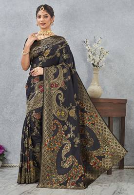 designer black zari weaving tassel pallu work silk blend saree 4