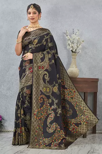 designer black zari weaving tassel pallu work silk blend saree