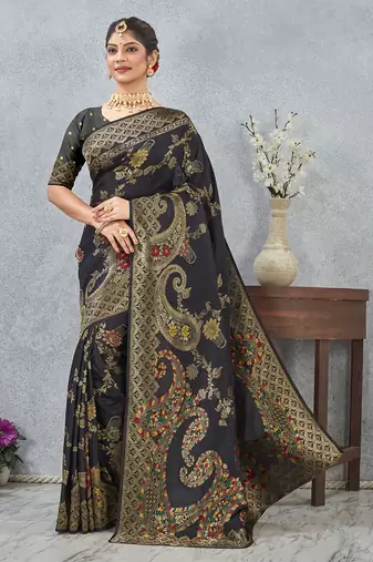 designer black zari weaving tassel pallu work silk blend saree
