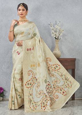 designer off white zari weaving tassel pallu work silk blend saree 1