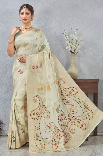 designer off white zari weaving tassel pallu work silk blend saree