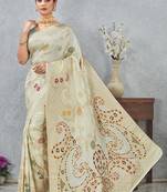 designer off white zari weaving tassel pallu work silk blend saree