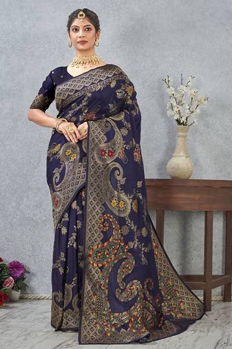 designer navy blue zari weaving tassel pallu work silk blend saree