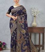 designer navy blue zari weaving tassel pallu work silk blend saree