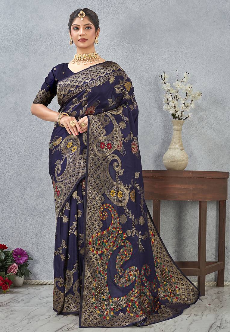 designer navy blue zari weaving tassel pallu work silk blend saree