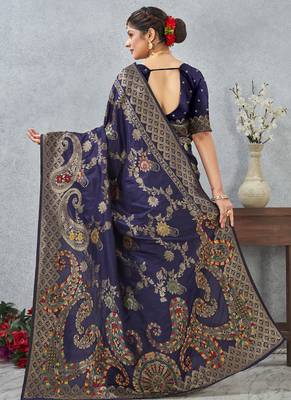 designer navy blue zari weaving tassel pallu work silk blend saree 2