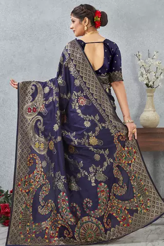 designer navy blue zari weaving tassel pallu work silk blend saree