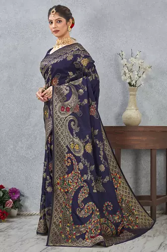 designer navy blue zari weaving tassel pallu work silk blend saree