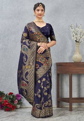 designer navy blue zari weaving tassel pallu work silk blend saree 4